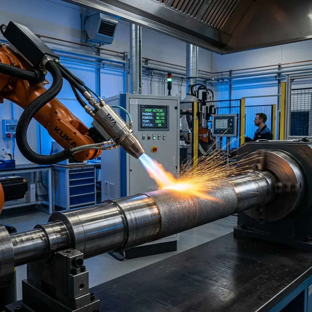 Robotic thermal spray coating of a cylindrical steel component