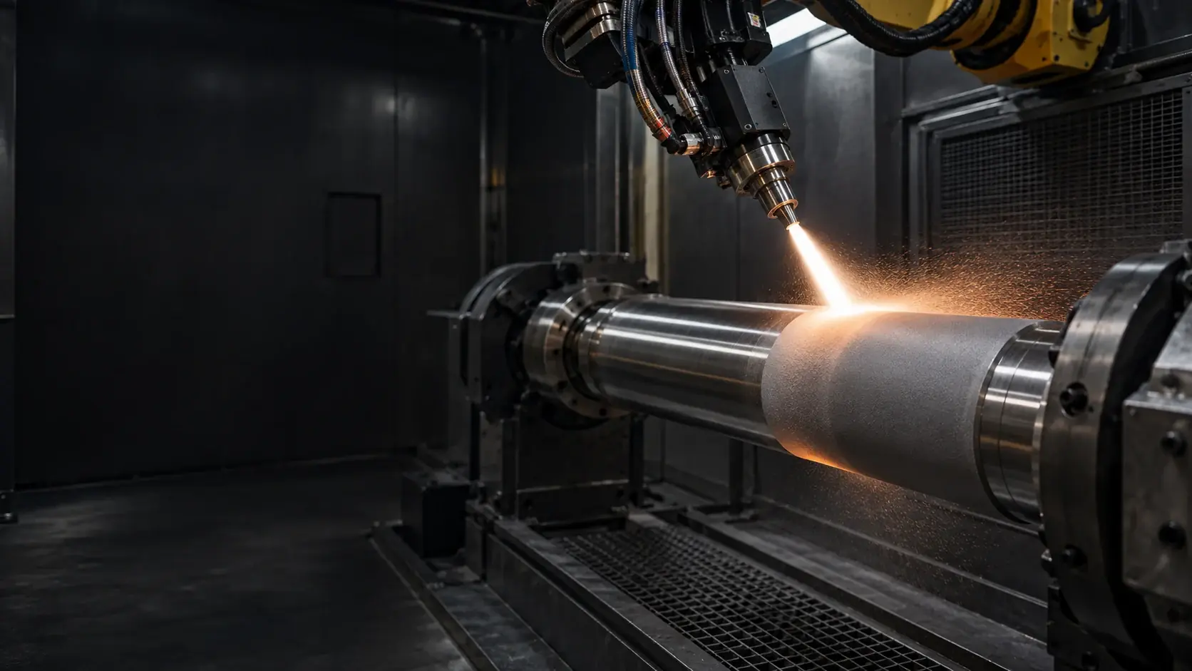 Illustrative view of robotic HVOF thermal spraying onto a steel shaft
