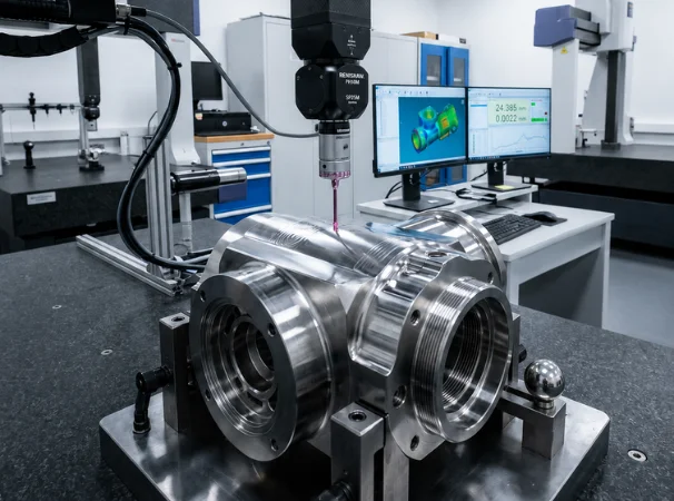 Coordinate measuring machine inspecting a machined valve body