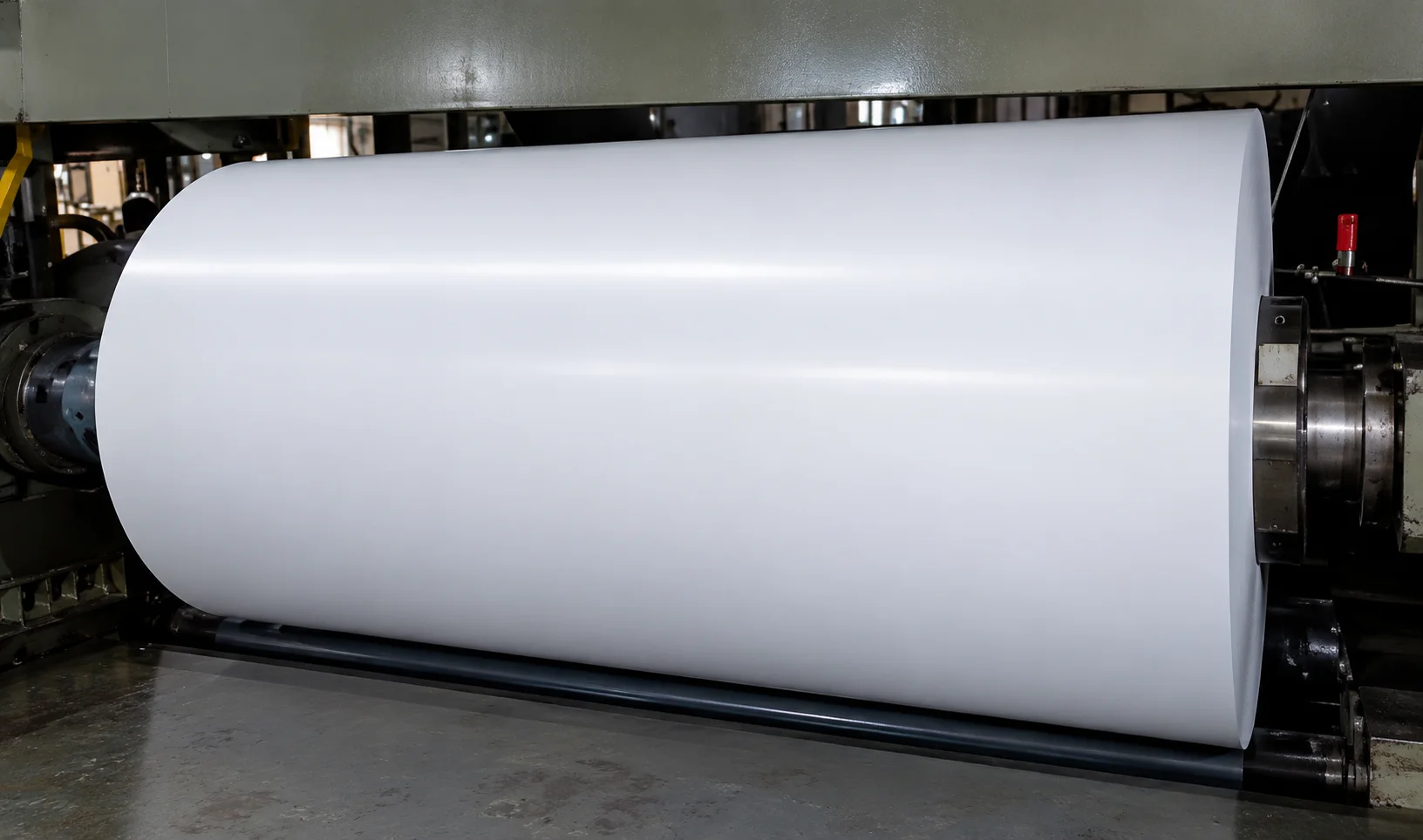 Large precision coated industrial roller mounted in a machine